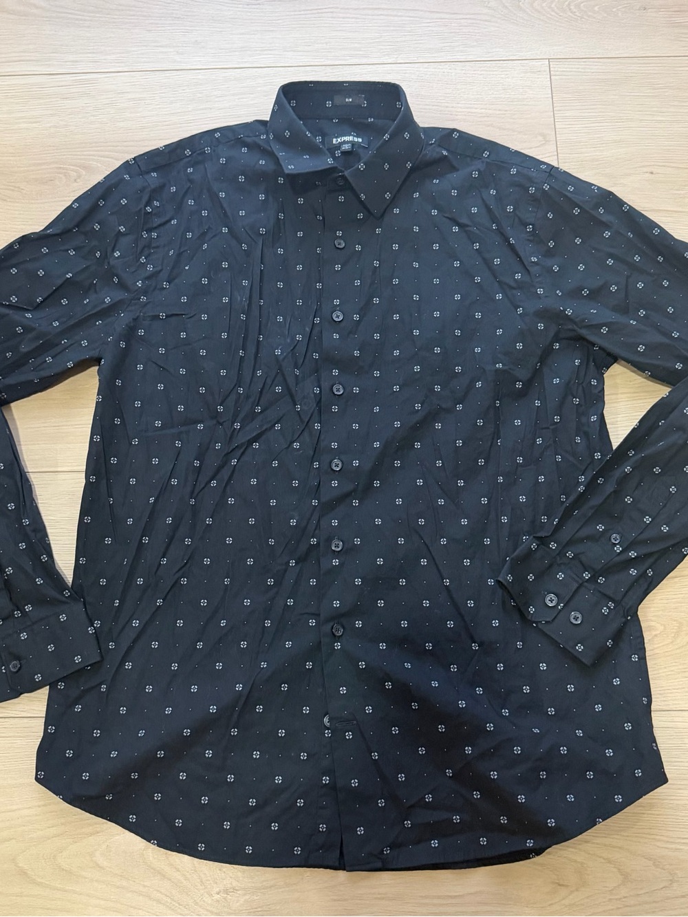 Express Men’s Black Button-Up Shirt with Small White Dot flower Pattern